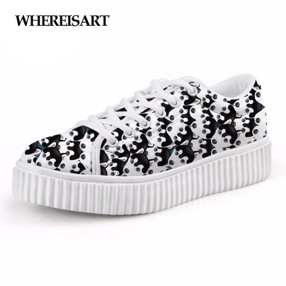 

WHEREISART Animal Husky Owl Prints Fashion Women Lace-up Shoes Casual Female Canvas Shoes Low Platform Shoes for Lady Flats