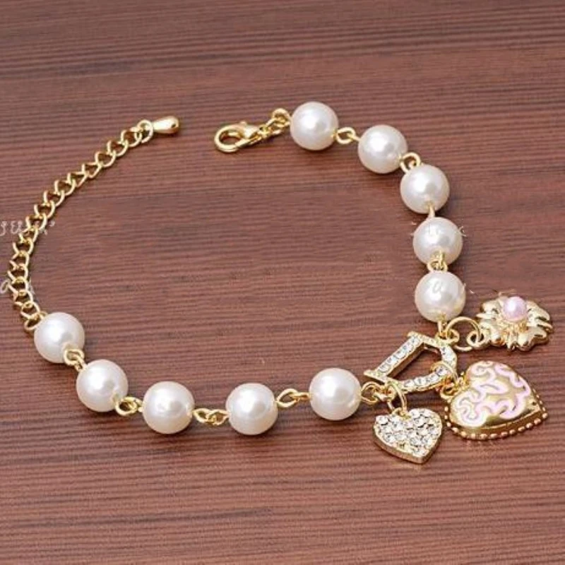 

New Sweet Lovely Imitation Pearl Beads Fashion Crystal a Bracelet Heart Flowers Letter D Hang charm Bracelets for women jewelry