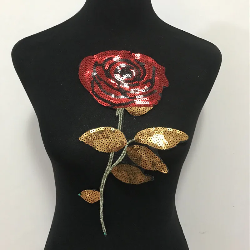 

3D Rose flower sequins Iron-On patch vintage embroidered fabric applique Sweater Jacket coat clothing decoration patch Diy Motif