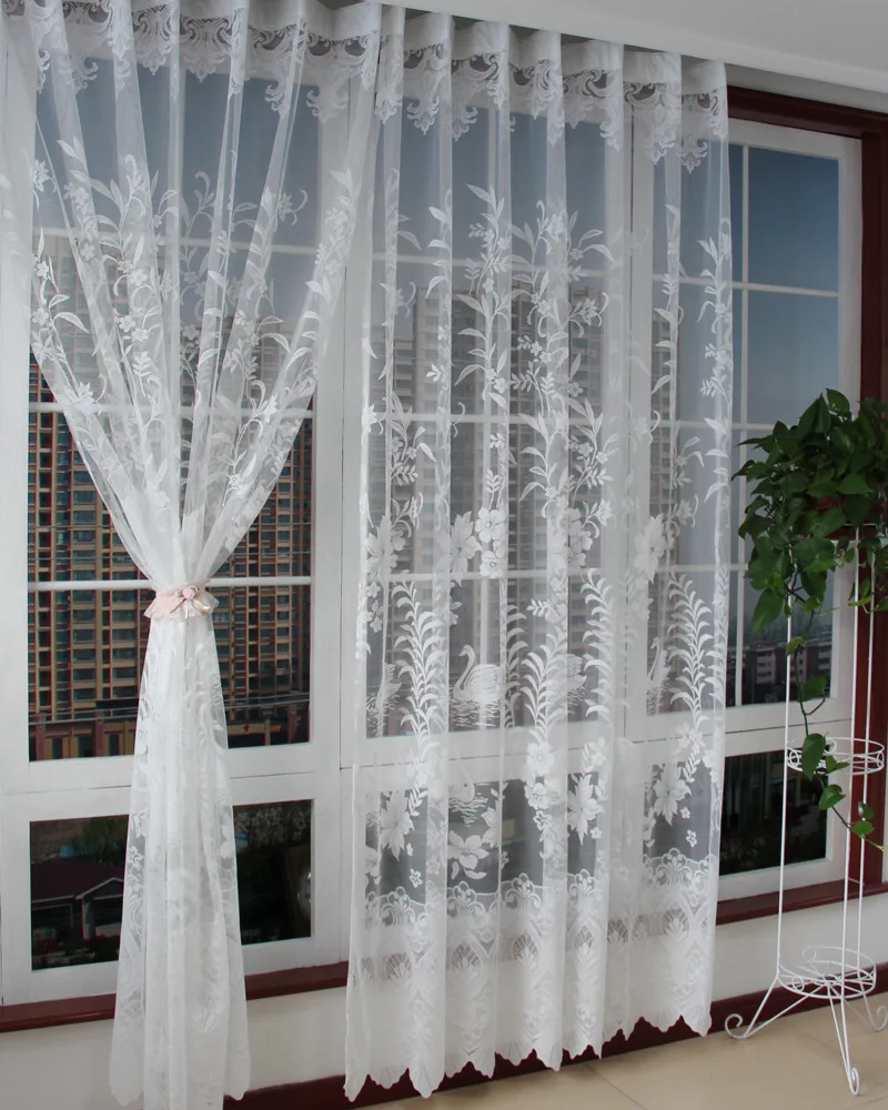 Luxury Living Room Curtains Tulle Elegant White Swan Embroidery Yarn