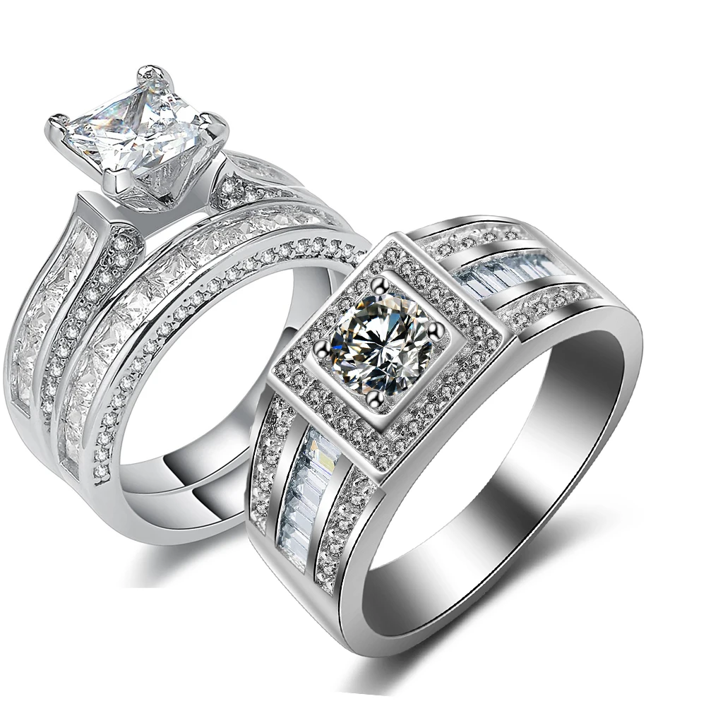 

His and Hers Women Men Luxury Jewelry 10KT White Gold Filled Silver Princess Cut 5A CZ Zirconia Wedding Bridal Ring Set Gift
