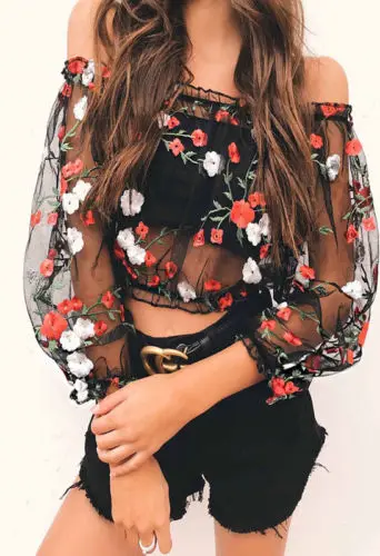 

2018 New Sexy Floral Printed Women's Off Shoulder Tops Long Sleeve Shirt Casual T Shirts Tee Top