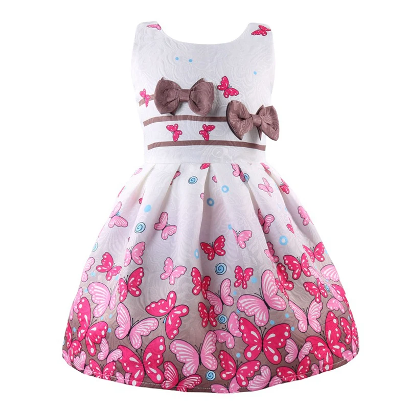 

2018 Summer Girls Flower Dress Double Bow butterfly print Fashion Kids Princess Birthday Dress For Girls wedding Clothes