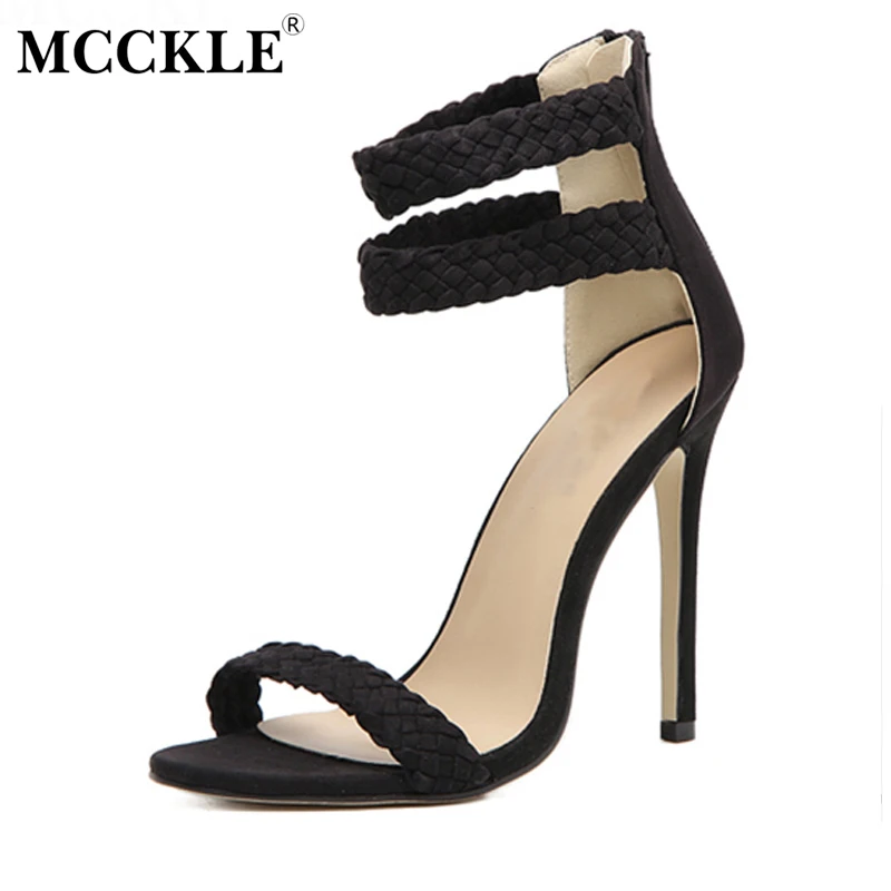 

MCCKLE Women High Heels Sexy Sandals Female Straw Open Toe Zip Cover Heel Shoes 2017 Summer Woman Fashion Ladies Dress Pumps