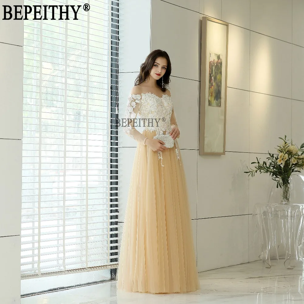 BEPEITHY vestido de festa Новый дизайн Милая с открытыми плечами Тюль Аппликации Длинные вечерние платья 2019