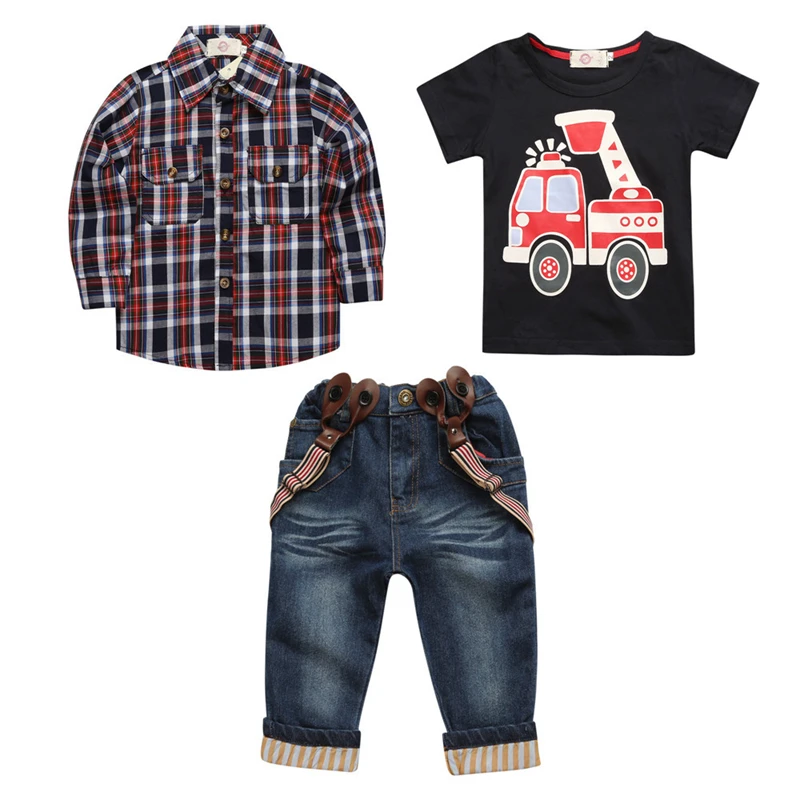 

2019 New Summer&spring Leisure Style 3M-6T boys cotton plaid long-sleeved shirt 3-pieces children's denim trouser shirt suit