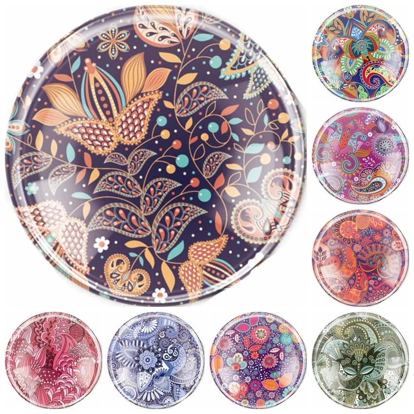 

New Handmade 6 Size Glass Mixed Ethnic Embroidery Flor Flatback Camo Cabochon Domed DIY Jewelry Charm Photo Pendant Setting