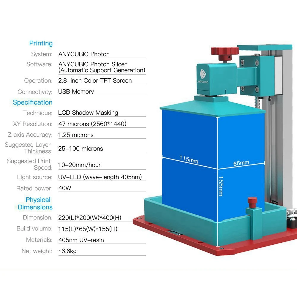 ANYCUBIC Фотон Смола 3D Drucker UV lcd Drucker Druckbereich von 115x65x155 мм 2,8 Zoll сенсорный экран