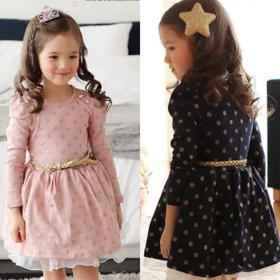 

New Beautiful Baby Girls Clothes Lace Polka Dot Cotton Party Birthday Gown Formal Dress+Belt 2-7Y