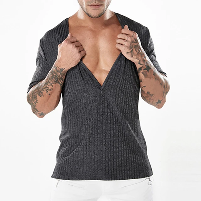 2018 New Arrival Short sleeve Side Split Solid T shirt Men Deep V neck