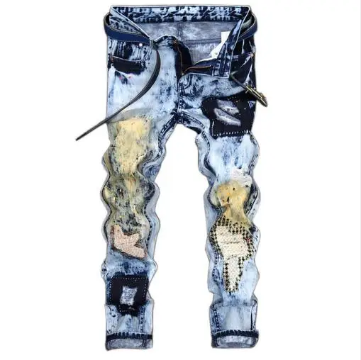Мужские Модные Винтажные потертые рваные байкерские джинсы тонкие прямые Стрейчевые джинсовые брюки рок-звезда потертые джинсы плюс