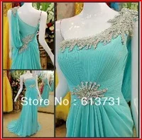 Real Pictures 2013 Elegant Sexy One Shoulder Blue Evening Dress Long Party Gowns With Crystal BO1600