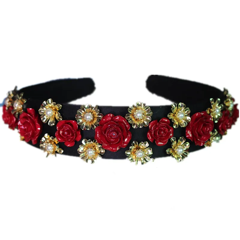 Red Ceramic Flowers Velvet Baroque Headband Pearl Tiara Crown Headwear
