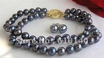 

5PCS Set 2 Rows 7-8MM Black fresh water Earring Bracelet