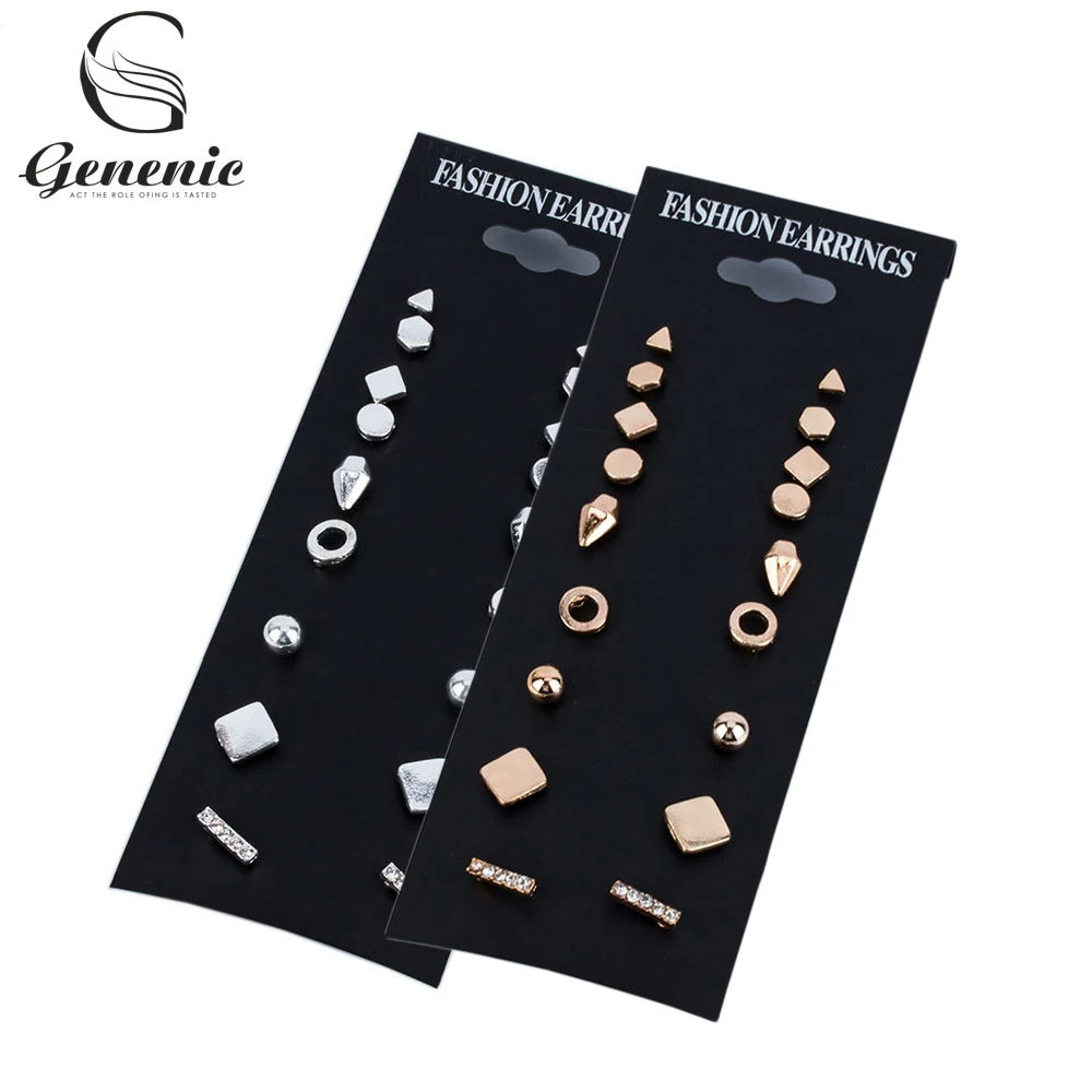 

9Pairs/Set Fashion Brincos Geometric Crystal Earrings Piercing Punk Triangle Square Round Stud Earrings Women Bijoux Jewelry