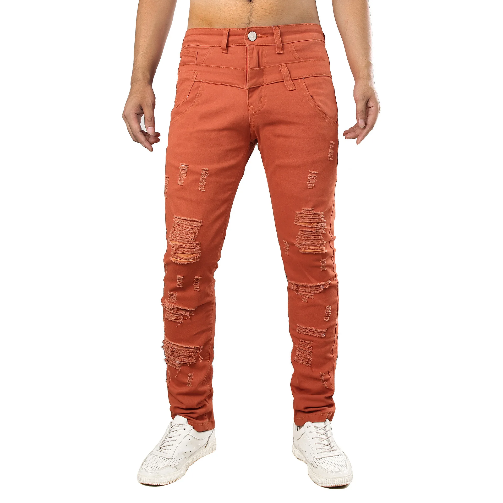 Брендовая одежда, мужские Узкие рваные джинсы/минималистичные джинсовые штаны, мужские джинсовые штаны, эластичные джинсы оранжевого цвета