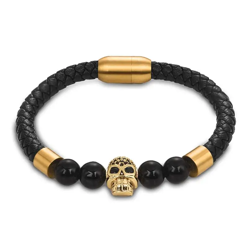 Jiayiqi классический черный плетеный кожаный браслет для мужчин череп AAA кубический циркон нержавеющая сталь бусины браслет мужской Гламурные ювелирные изделия подарок - Окраска металла: Gold 1