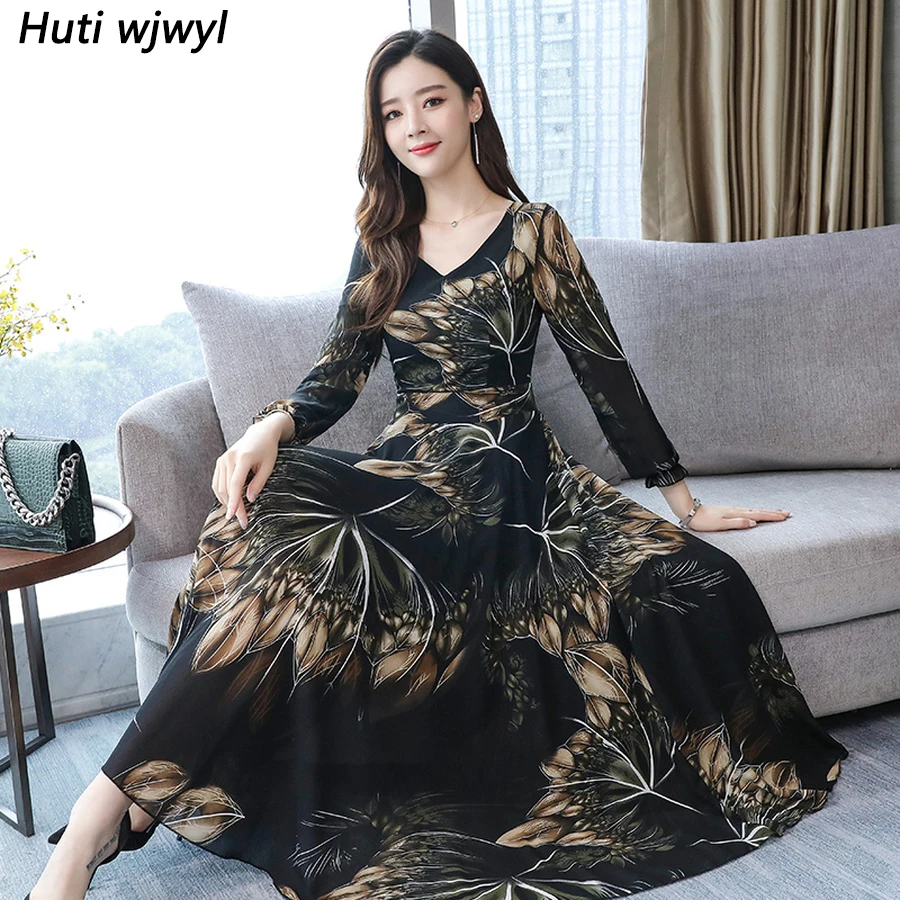

2019 Vintage Long Sleeve Maxi Dresses Autumn Winter 3XL Plus Size Floral Chiffon Midi Dress Elegant Women Bodycon Party Vestidos