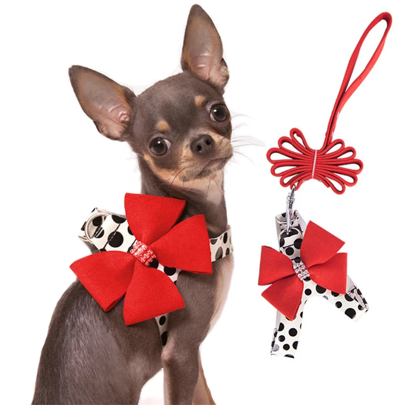 

Big Bows Dot Dog Harness Small Rhinestones Big Bow Cute Dots Harness and Leash Set Suede Small Dog Harness Vest Chihuahua Yorkie