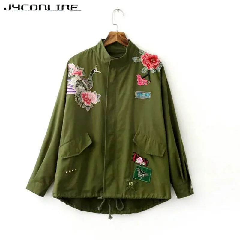 JYConline 2017 Basic Jacket Coat Women Army Green Floral Embroidery Bomber Jacket Patches Rivet Zipper Punk Women Jacket Outwear