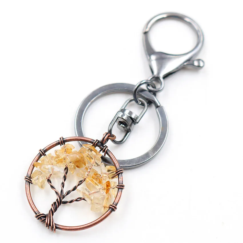 

FYJS Unique Natural Yellow Citrines Jewelry Copper Plated Circle Lobster Clasp Wisdom Tree of Life Key Chain