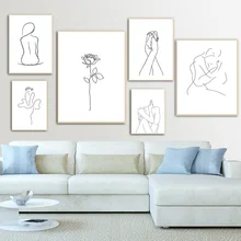 Cuadro de dibujo abstracto de líneas para mujer, pintura de lona nórdica para decoración del hogar, arte de pared, figura, póster corporal de mano e impresión para sala de estar