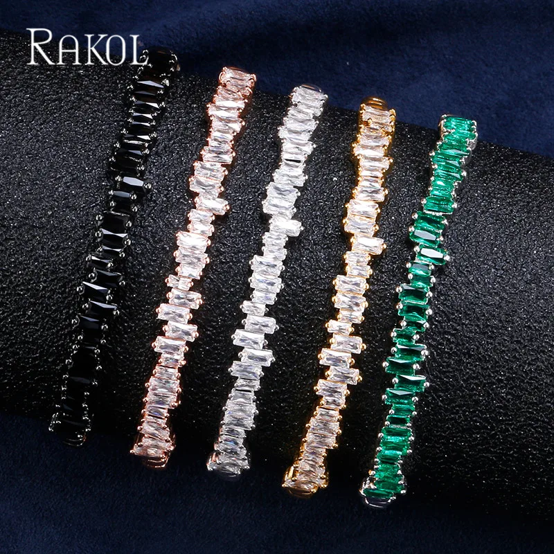 RAKOL AAA+ кубический цирконий багет Bijoux манжета Теннисный браслет и браслет с розовым золотом женские свадебные ювелирные изделия