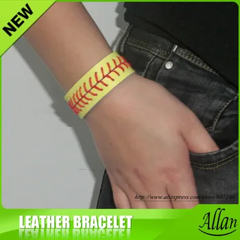

Authentic Leather Softball Stitch Bracelets - yellow with red seam stitch