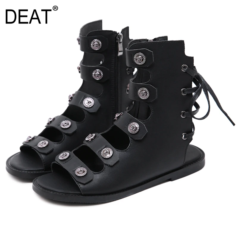 

[DEAT] 2019 New Spring Summer Round Toe Pu Leather Cross Bandage Hollow Out Casual Rivet Flat Sandals Women Fashion Tide 10B087