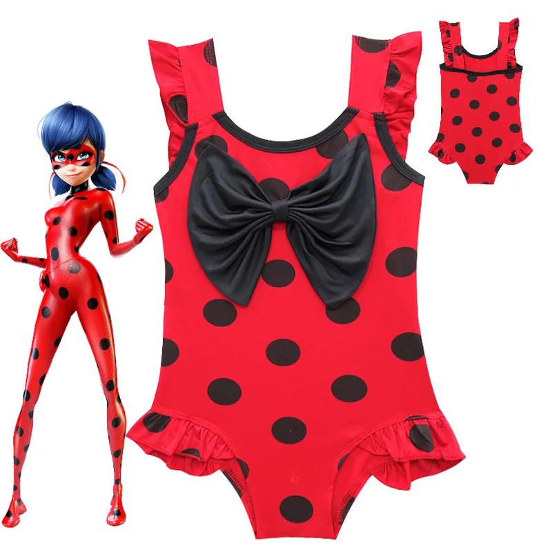 

Ladybug Three-piece Girls Summer Dress Bow Children Beach Swimsuit Cartoon Lady bug Dot Print Mask Bag Kids Bathing Bikini