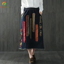 Женские джинсовые юбки в стиле ретро с художественной аппликацией, эластичная резинка на талии, весна-осень, новые повседневные женские юбки, винтажные джинсы в китайском стиле