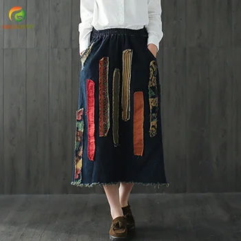 

Women Denim Skirts Retro Art Appliques Elastic Waist 2019 Spring Autumn New Casual Women Skirts Old Vintage Chinese Style Jeans