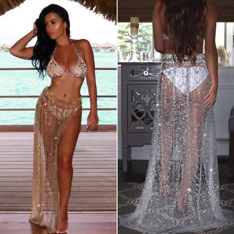 

Women Sexy Summer See Through Asymmetrical Sequined Bling bling High Waist Empire Glitter Crochet Swimwear Beach Long Maxi Skirt