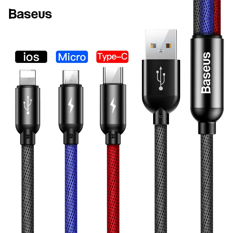 Baseus 3 in 1 3.5A USB Cable For iPhone Xs Max Xr X 8 7 Fast Charging