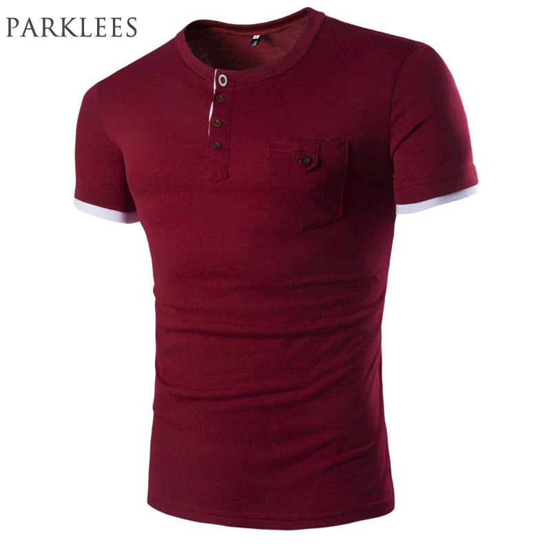 

New T shirt Men Tee Shirt Homme 2016 Summer Brand Wine Red Slim Fit Short Sleeve Henley Shirt Casual Pocket Design O Neck Tshirt