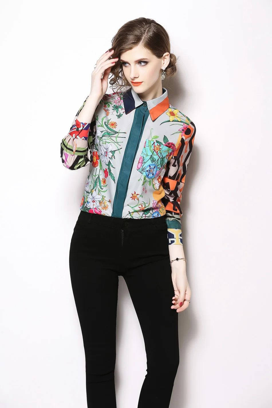 poet shirt H Han Queen Women Vintage floral Print Ladies Tops chiffon Long sleeve Casual Blouse Female Work Wear Office Shirts white blouse for women