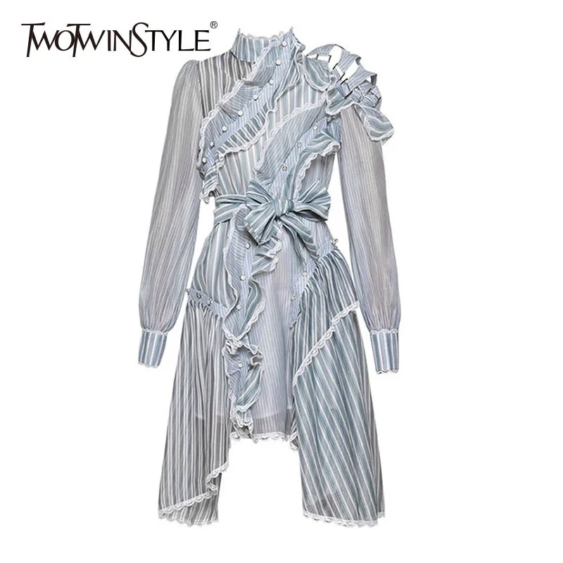 

TWOTWINSTYLE Asymmetrical Dress Female Striped Ruffles Patchwork Off Shoulder Hollow Lace Up Lantern Sleeve Midi Dresses Elegant