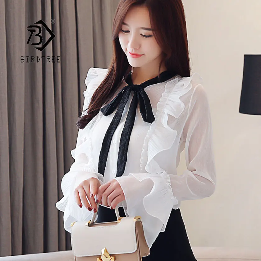 2019 New Fashion Lace Up Bow Patchwork Ruffles Women's Shirt Button Long Sleeve Chiffon Blouses Office Lady Hot Sales T91634Z |