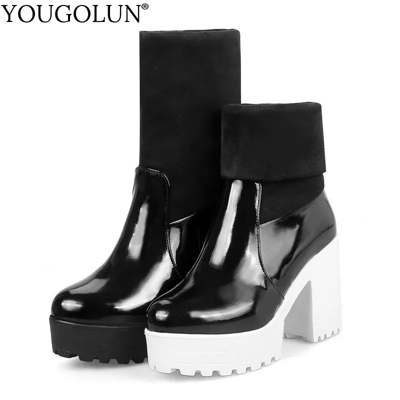 

Platform Ankle Boots Women New Autumn Winter High Square Heels Shoes A295 Knitting Fashion Ladies White Black Round Toe Boots