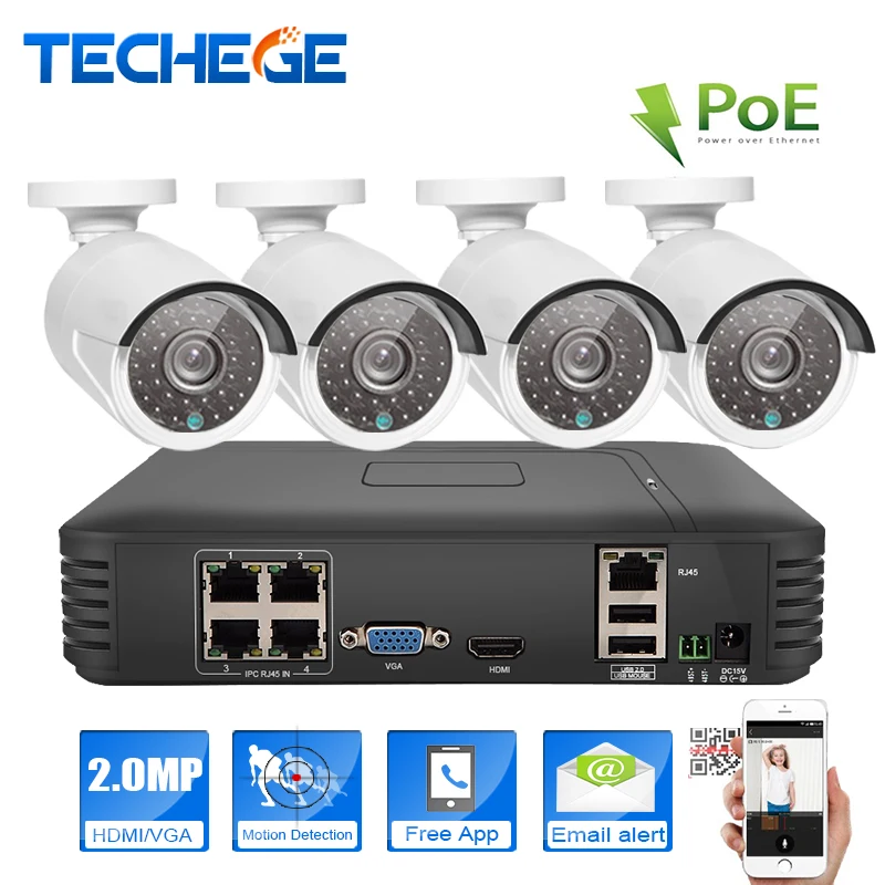 Techege 4CH POE NVR 1080P HDMI 1.0MP/1.3MP/2.0MP IP camera Waterproof Outdoor 720P 960P 1080P ip Camera System Surveillance Kit