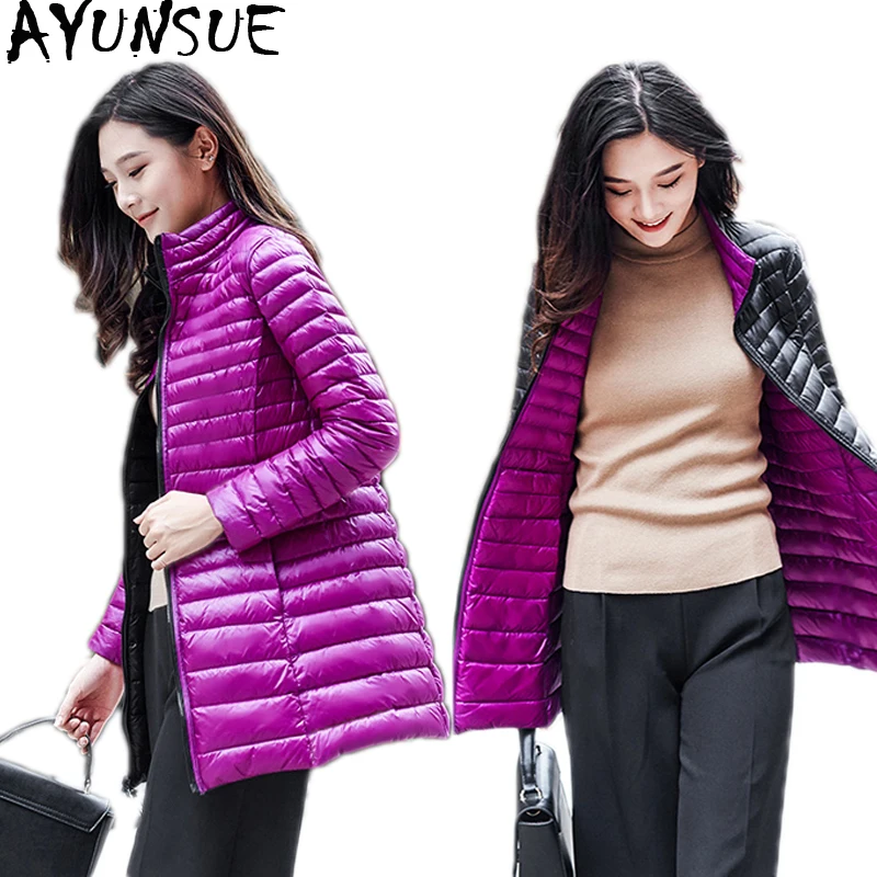 

AYUNSUE Ultra Ligh Down Jacket Women Double-sided Wearing Plus Size 4xl Thin Long Coats Ladies Jackets Abrigos Mujer KJ437