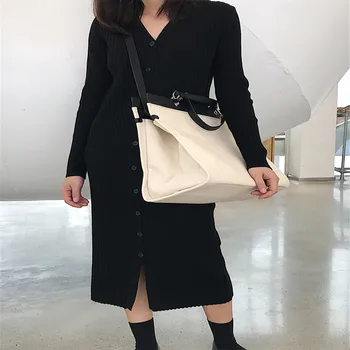 

Small fashion design simple black and white contrast color large capacity inclined cross single shoulder canvas women bag