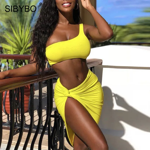 US $11.79 Sibybo Side Split High Waist Sexy Bodycon Dress One Shoulder Pleated Summer Two Piece Set Dress Nig