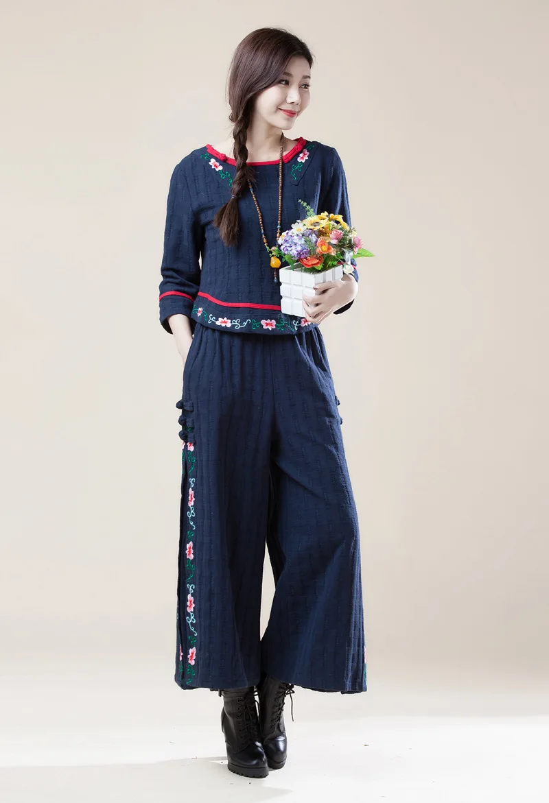 Весна и лето китайский стиль Twinset вышитые пряжки украшения oversize широкие брюки и куртка костюм женский комплект