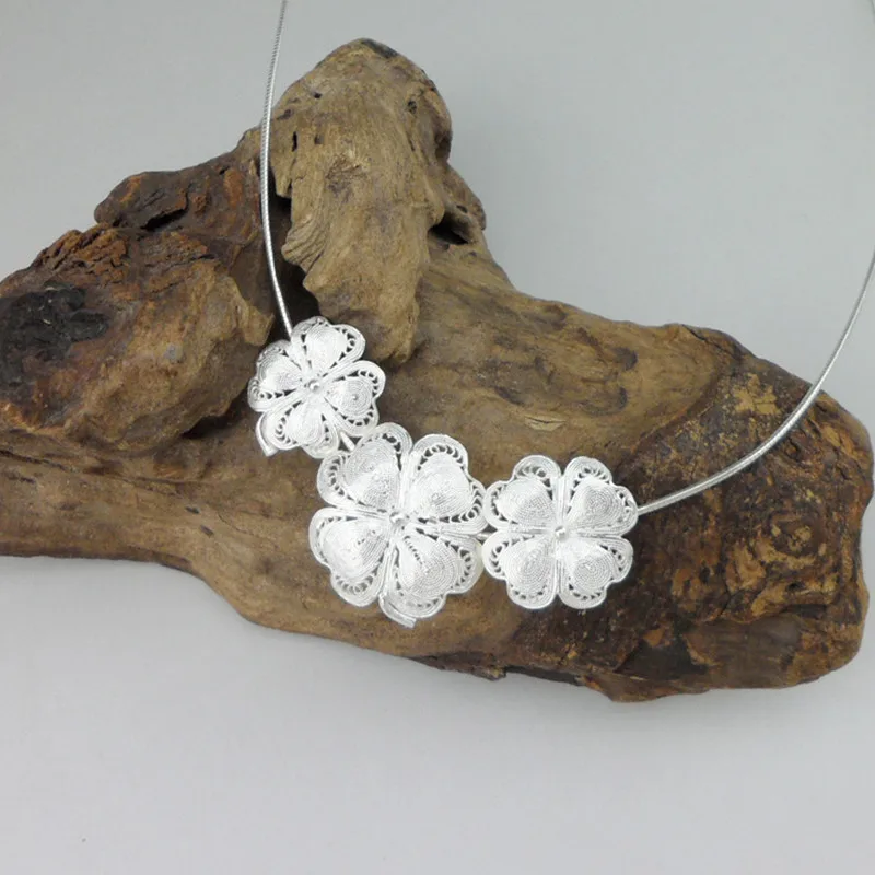 

Flowers Pendant Necklace Women 999 Sterling Silver Handmade Ethnic Jewelry Nordic Modern Geometric Abstract Pattern 3 Pieces