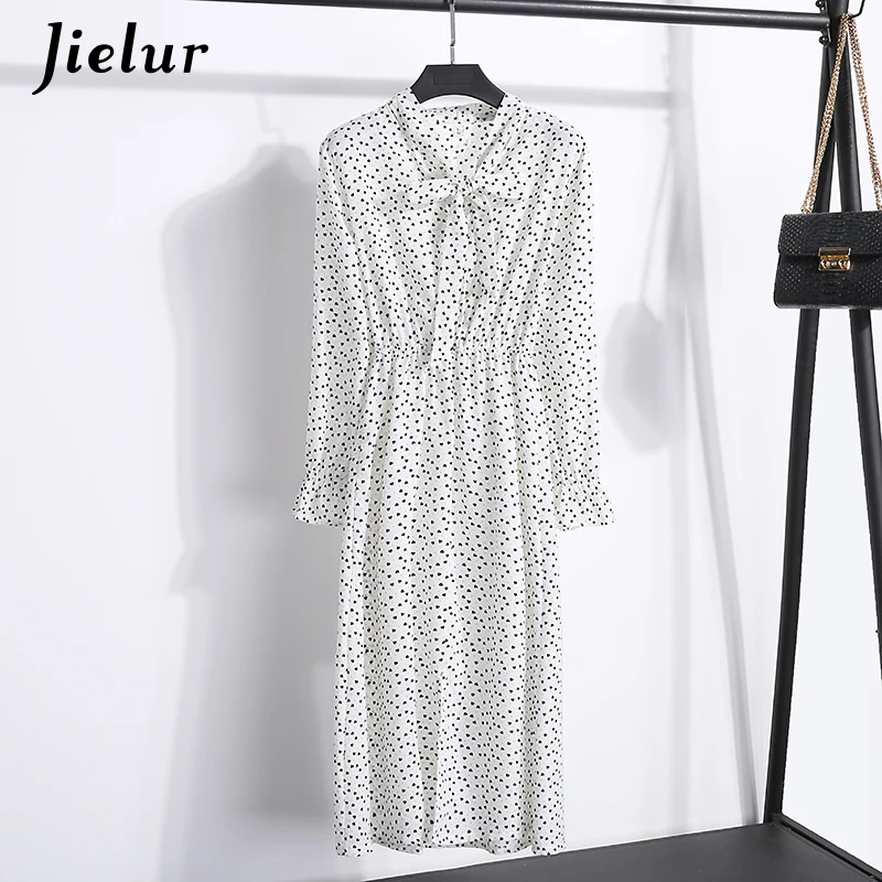 Jielur Long Sleeve Dress Women Spring Autumn Floral Print Chiffon Vestidos Mujer 2018 Vintage Bowtie Ruffles White Dress Elegant