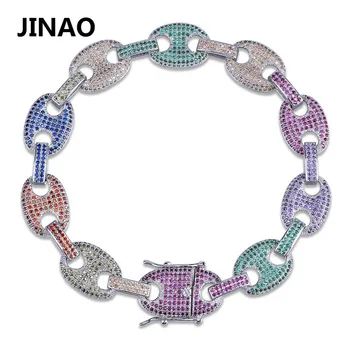 

JINAO Hip Hop Rock Jewelry Rainbow Zircon Bracelets Gold Silver Plated Iced Out Puff Marine Anchpr Chain Link Bracelets 7 8 inch