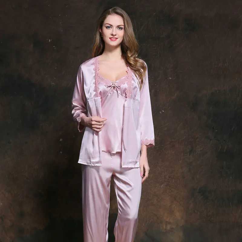Plus size women sexy lace Satin Pajamas sets for Women Elegant 3 Pieces