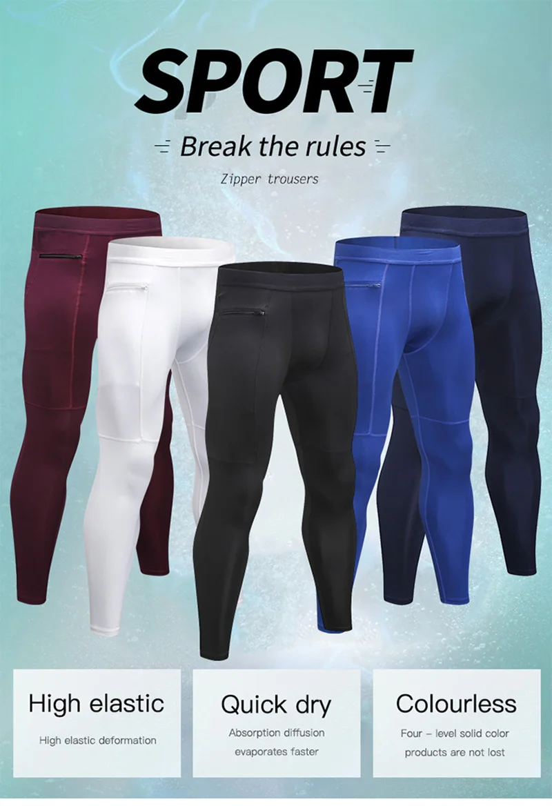 Men/'s Quick Dry Elastic Sports Tight Pants Zipper Pocket Fitness Solid Trousers