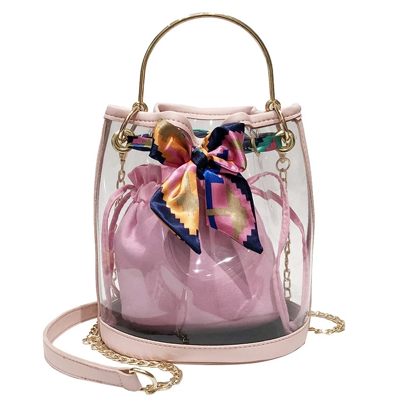 

AUAU-Fashion Women'S Handbags Transparent Jelly Bag Silk Scarf Strap Bucket Mother Bag Chain Handbags Beach Bag